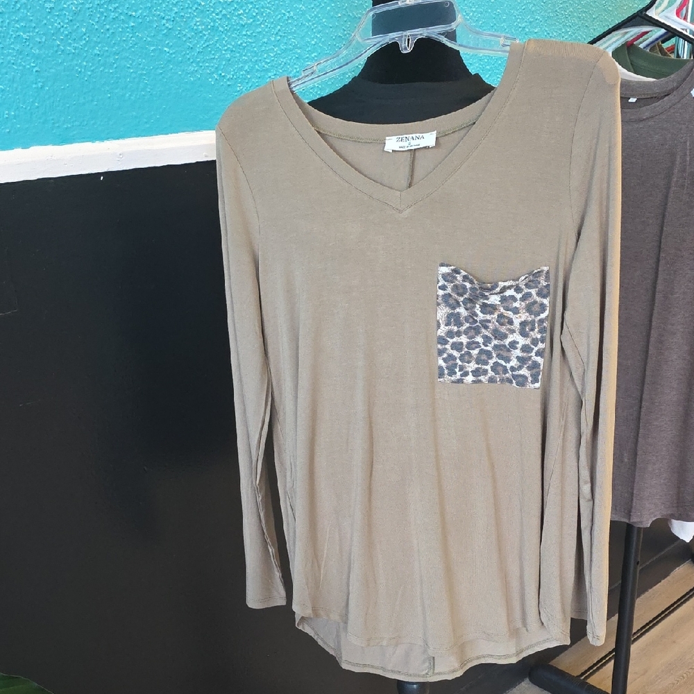 Zenana Outfitters Khaki Long Sleeve with Leopard Accent